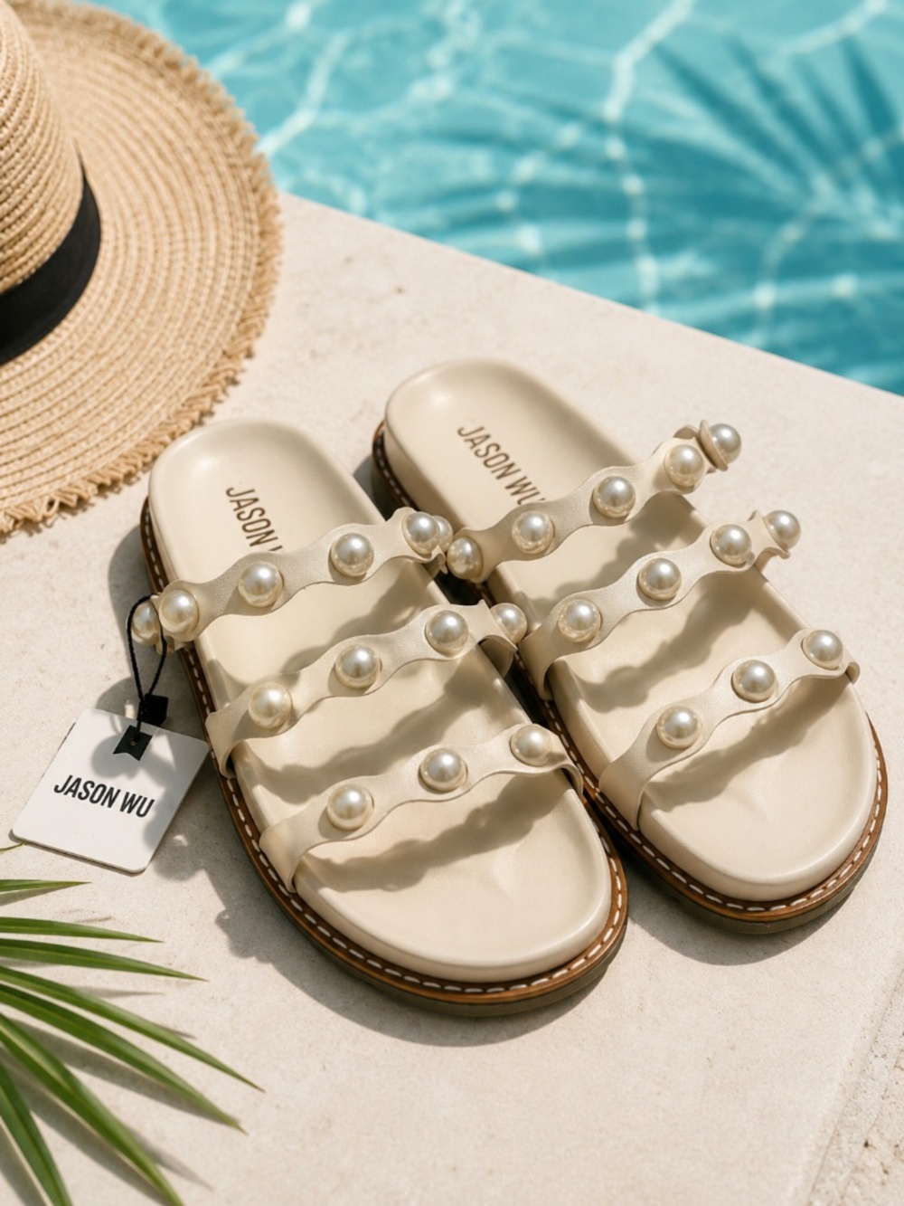 NWT Jason Wu Pearl Embellished Triple Strap Slide Sandals Cream Women’s 8.5